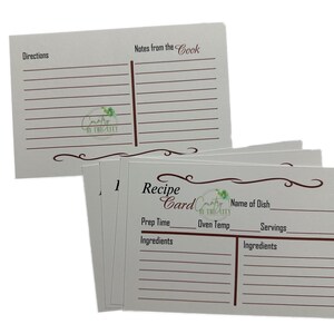May include: White recipe cards with burgundy lines and text. The cards have space for recipe details, including prep time, oven temperature, and ingredients. The cards are designed for home cooks.