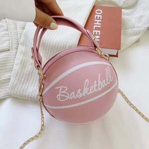 Pink Faux Leather Purse Basketball Ball Shaped Purse for Women Crossbody Bag Shoulder Bag Girls Spherical Handbags