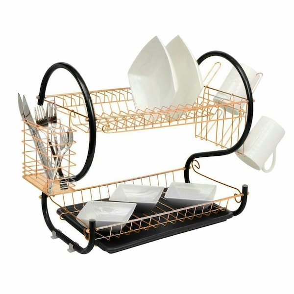 Premium 2 Tier Copper and Black Dish Drainer Cutlery Cup Plates Holder Sink Rack Drip Tray