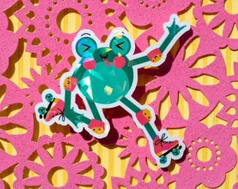 Knee Jump Skate Frog Holographic Sticker | Froggy Sticker | Cute Frog Sticker | Frog Stickers | Animal | Laptop Water Bottle Helmet Sticker