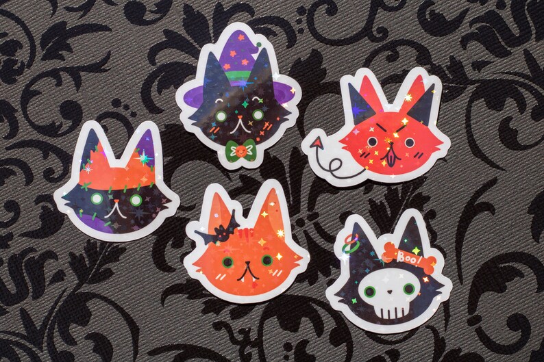 Halloween Cat Holographic Sticker Pack | Witch Franken Skeleton Devil ...
