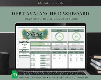 May include: A laptop displays a debt avalanche dashboard in a Google Sheets format. The spreadsheet shows financial data, including debt tracking, payoff dates, and progress. The screen has text that says "Debt Avalanche Dashboard" and "Track up to 30 debts over 30 years."