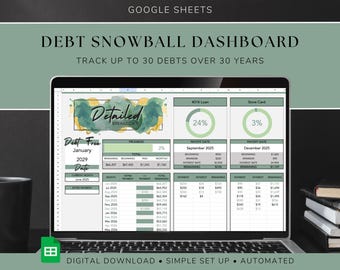 May include: A laptop displays a debt snowball dashboard in a Google Sheets spreadsheet. The dashboard, with a green and white color scheme, tracks up to 30 debts over 30 years. The screen shows a detailed breakdown, with data on payments, interest, and remaining balances.