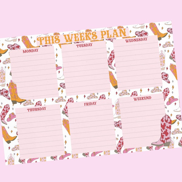 Weekly A4 Planner Notepad | Desk Calendar | 50 Page notepad | To Do List | Colourful Cowboy Boots | Country Music