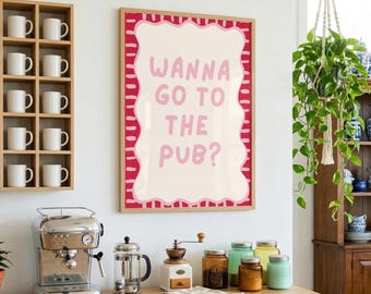 British Pub Print, Quirky Kitchen Wall Art, Hand-Drawn Red Lettering (A4 A3 A2 Unframed)