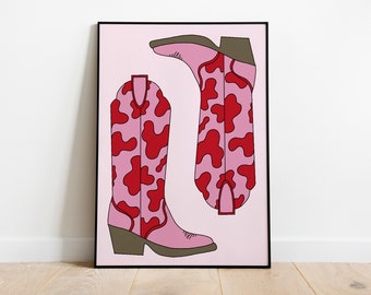 Cow Print Cowboy Boots | Wall Art | Colourful Cowboy Boots |A4 A3 | Unframed Print | Country Music | Nashville