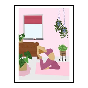 May include: Illustration of a person in a yoga pose on a pink mat. The room features a window with a red blind, a brown dresser, and potted plants. A glass of wine sits on the dresser. Hanging plants and a potted plant are also visible.