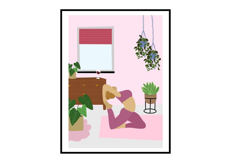 May include: Illustration of a person in a yoga pose on a pink mat. The room features a window with a red blind, a brown dresser, and potted plants. A glass of wine sits on the dresser. Hanging plants and a potted plant are also visible.