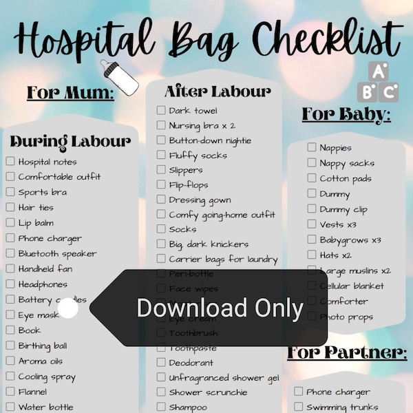 Hospital Bag Checklist Pack - Download Only