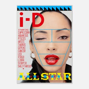 May include: A magazine cover titled i-D featuring a portrait of a person with bright red lipstick, wearing silver hoop earrings and a black jacket. The text includes a list of zodiac signs and the words ALL STAR ISSUE.