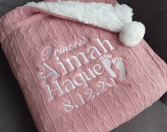 Personalised Baby/Toddler Cable Knit Blanket. Personalised with name or birth date. Pom Pom feature and Sherpa Fleece backing.