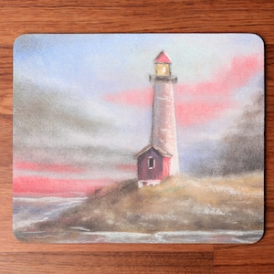 May include: A pastel painting of a lighthouse on a rocky shore with a pink and blue sky. The lighthouse is white with a red roof and a yellow light.