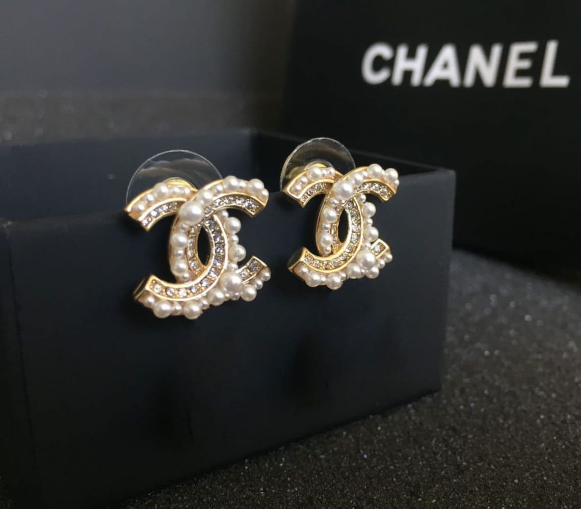 Chanel earrings Stud Pearls and Crystals Gold tone CC logo & | Etsy