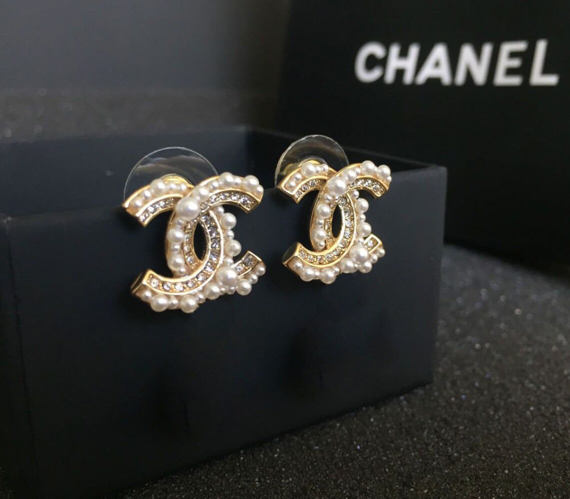 Chanel earrings Stud Pearls and Crystals Gold tone CC logo & Etsy