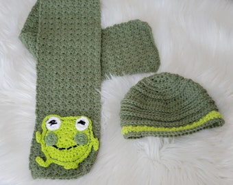 Boys Scarf and Hat Set, Crochet Kids Scarf, Frog Themed Kids Scarf, Pom Pom Hat, Child's Scarf and Hat Set, Boys Scarf