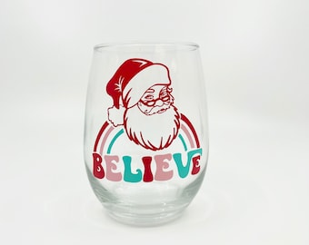 Believe in Santa Retro Christmas Wine Glass | Festive Holiday Decor