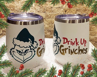 Grinch Wine Tumbler | Stainless Steel Stemless Christmas Cup