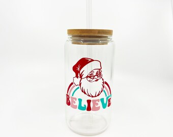 I Believe In Santa Glass Can, Retro Christmas Coffee Cup