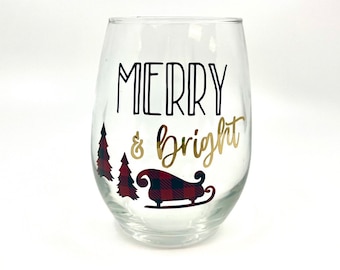 Merry & Bright Christmas Wine Glass | Holiday Decor