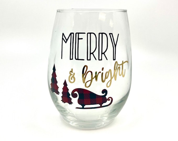 Featured listing image: Merry & Bright Christmas Wine Glass | Holiday Decor