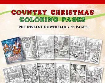 Country Christmas Coloring Pages, Country Christmas Coloring Book, Winter Christmas Villages Coloring Page