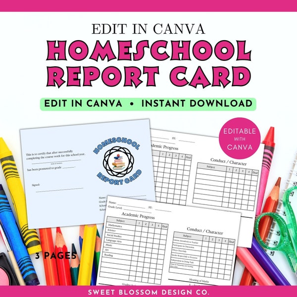 Editable Homeschool Report Card, Homeschool Progress Report, Report Card Template for Homeschool, Homeschool Report Card Template