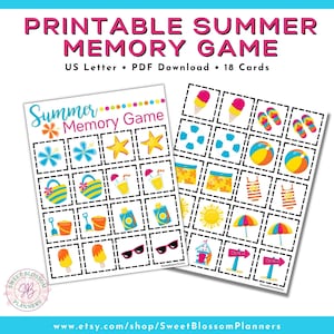 Zomer afdrukbaar geheugenspel, zomer matching game, kindergeheugenspel afdrukbaar, afdrukbaar spel voor kinderen, geheugenspelkaarten afdrukbaar