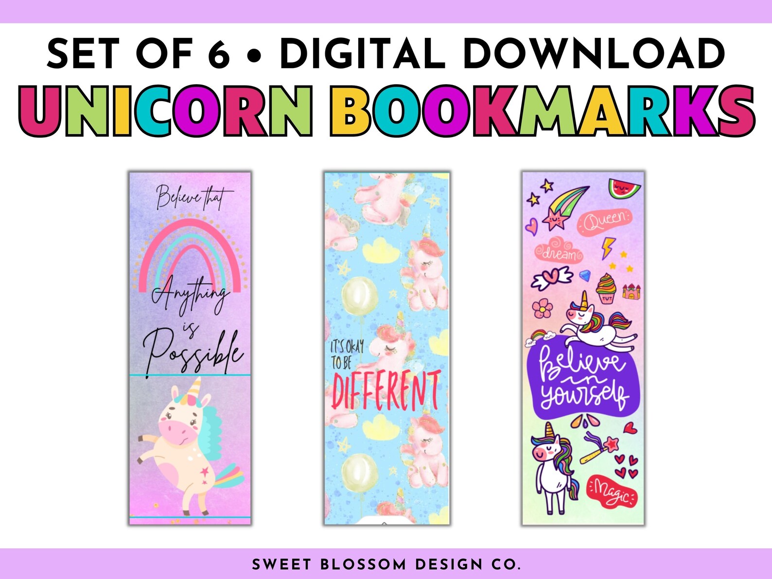 Unicorn Bookmarks, Six Printable Bookmarks for Kids, Printable Unicorn ...
