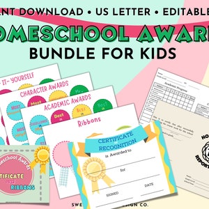 Paquete de premios de educación en el hogar, boleta de calificaciones editable, certificado editable, reconocimiento de estudiantes, recurso de educación en el hogar, PDF editable, premios para niños
