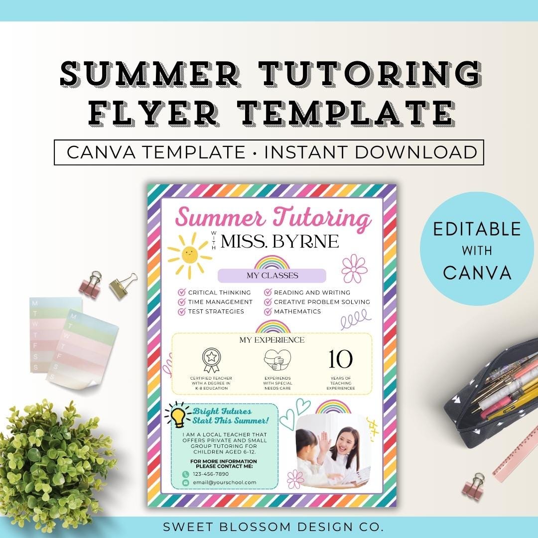 Rainbow Tutoring Flyer Template, Editable Tutoring Flyer, Meet The Teacher Template, Tutoring Services Canva Template, Summer Reading Tutor
