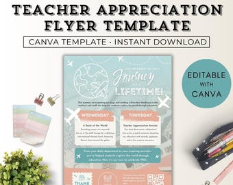 Travel Theme Teacher Appreciation Printable, Teacher Appreciation Week Travel Theme, Teacher Appreciation Week Schedule, Travel Theme Flyer