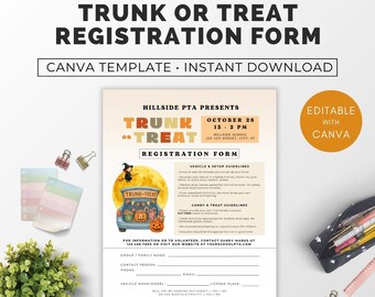 Trunk Or Treat Registration Form, Trunk or Treat Sign Up Sheet, Halloween Flyer With Sign Up Form, PTA Member Form, Trunk or Treat Invite