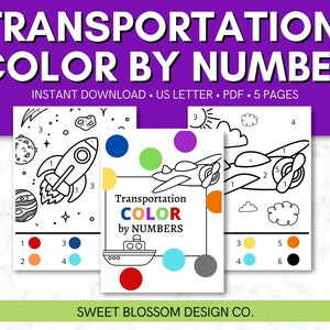 Couleur par numéro de transport, activité de coloriage, pages à colorier pour les enfants, jeu de téléchargement instantané pour les enfants, pages de couleur par numéro pour les enfants