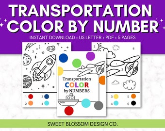Transportation Color By Number, Coloring Activity, Coloring Pages for Kids, Instant Download Game For Kids, Color By Number Pages for Kids