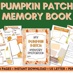Puede incluir: Un libro de recuerdos de la granja de calabazas para imprimir con 10 páginas. La portada presenta una ilustración colorida de calabazas y hojas con el texto "Mi libro de fotos de recuerdos de la granja de calabazas".