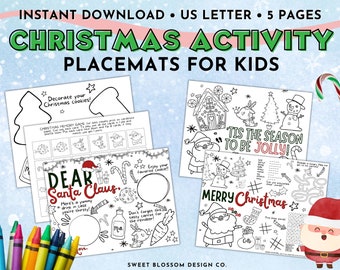Può includere: Cinque tovagliette da tavola con attività natalizie stampabili per bambini. Ogni tovaglietta presenta un diverso design a tema natalizio, tra cui Babbo Natale, un pupazzo di neve, una casetta di pan di zenzero e un albero di Natale. Le tovagliette includono attività di colorazione, parole crociate e giochi di memoria.