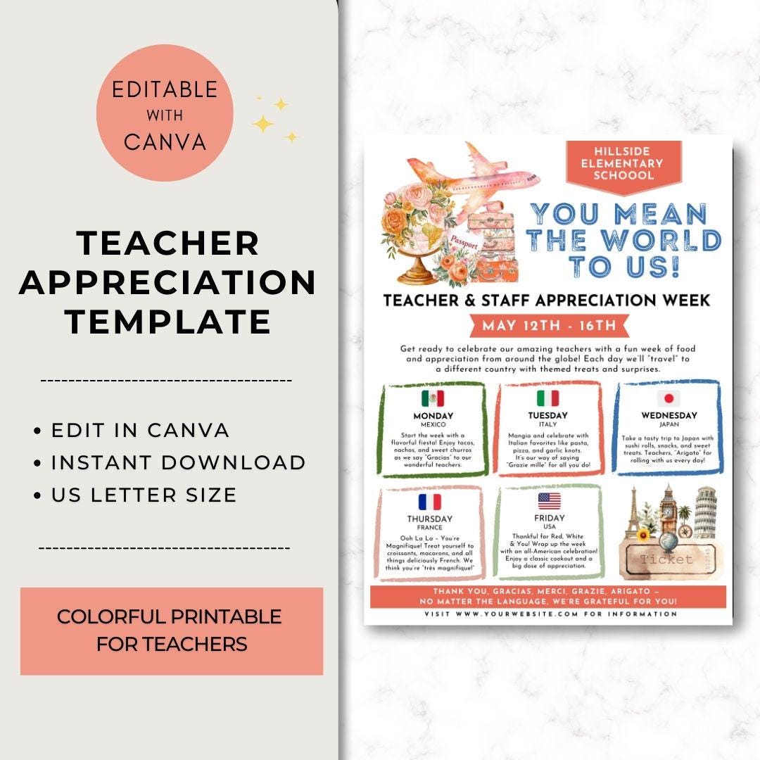 Around the World Teacher Appreciation Template, Airplane Themed Teacher ...