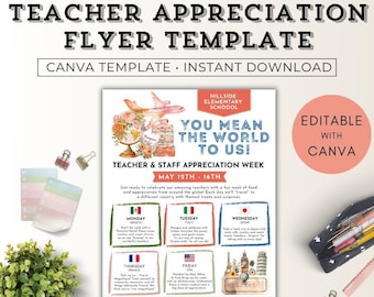 Around The World Teacher Appreciation Template, Airplane Themed Teacher Appreciation Week Flyer, Teacher Appreciation Week Schedule