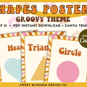 Posters aux formes groovy, Décoration de salle de classe BOHO, Posters de forme rétro, Posters d'école à la maison, Modèle de toile modifiable, Poster de formes 2D