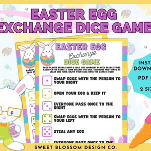 May include: Printable Easter egg exchange dice game with instructions. The game features a cute bunny with glasses and a carrot with a pink bow. The game is available for instant download in PDF format in two sizes.