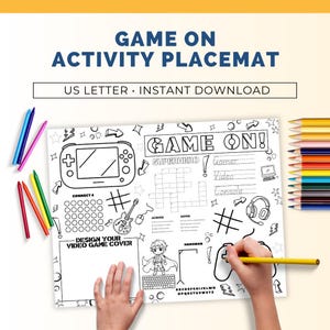 Gaming Activity Placemat, Video Game Coloring Placemat, Spring Activity Placemat, Kids Party Game, Classroom Activities, Birthday Party Game
