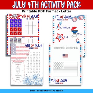 July 4th Activity Pack For Kids, 4th of July Activities, Word Search, Printable Tic Tac Toe, Printables For Kids, Learning Activities image 2