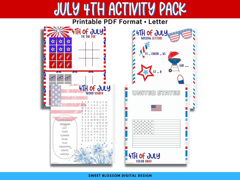 July 4th Activity Pack For Kids, 4th of July Activities, Word Search, Printable Tic Tac Toe, Printables For Kids, Learning Activities image 2