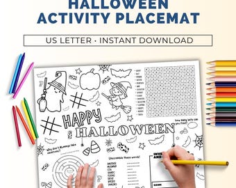 May include: A Halloween activity placemat with the text "Halloween Activity Placemat" and "US Letter Instant Download". The black and white design includes Halloween-themed illustrations and word puzzles. A hand is holding a yellow pencil.