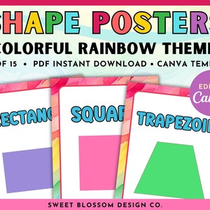 Colorful Shape Posters, BOHO Classroom Decor, 15 Rainbow Shape Posters, Homeschool Posters, Editable Canva Template, Learning Shapes