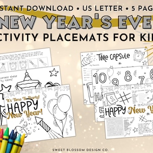 New Year&#39;s Eve Activity Placemats, Kids Coloring Placemats For Kids, Printable Activity Placements, Kids New Year&#39;s Eve Coloring Pages Pack