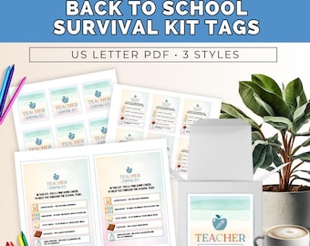 Könnte beinhalten: Bild von "Back to School Survival Kit Tags" mit dem Text "US LETTER PDF • 3 STYLES". Das Bild zeigt gedruckte Etiketten, eine weiße Box, eine Kaffeetasse und eine Topfpflanze. Die Etiketten sind für Lehrer gedacht.
