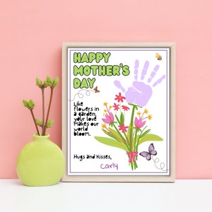Buquê de impressão manual infantil para mamãe, artesanato de impressão manual do dia das mães floral, artesanato de impressão manual de jardim do dia das mães, arte de impressão manual da mamãe