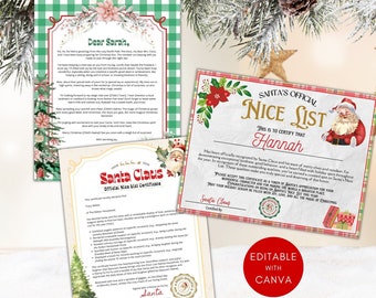 May include: Printable Christmas certificate with a red and green checked background, a red poinsettia, and a Santa Claus illustration. The certificate reads "Santa's Official Nice List" and "This is to certify that Hannah".