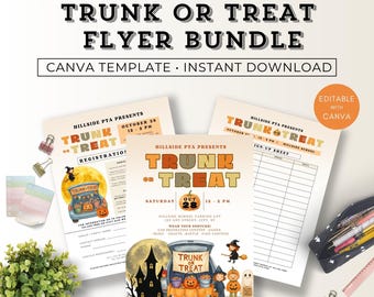 Circulaire avec malle ou friandise, Flyer Halloween avec formulaire d'inscription, Formulaire de membre PTA Canva, Flyer Halloween personnalisé, Invitation tronc ou friandise, fête d'Halloween